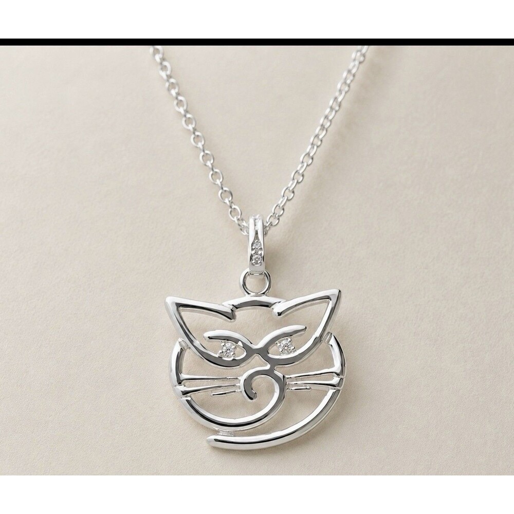 Sterling Silver Cat Face Pendant Necklace Petite 18”